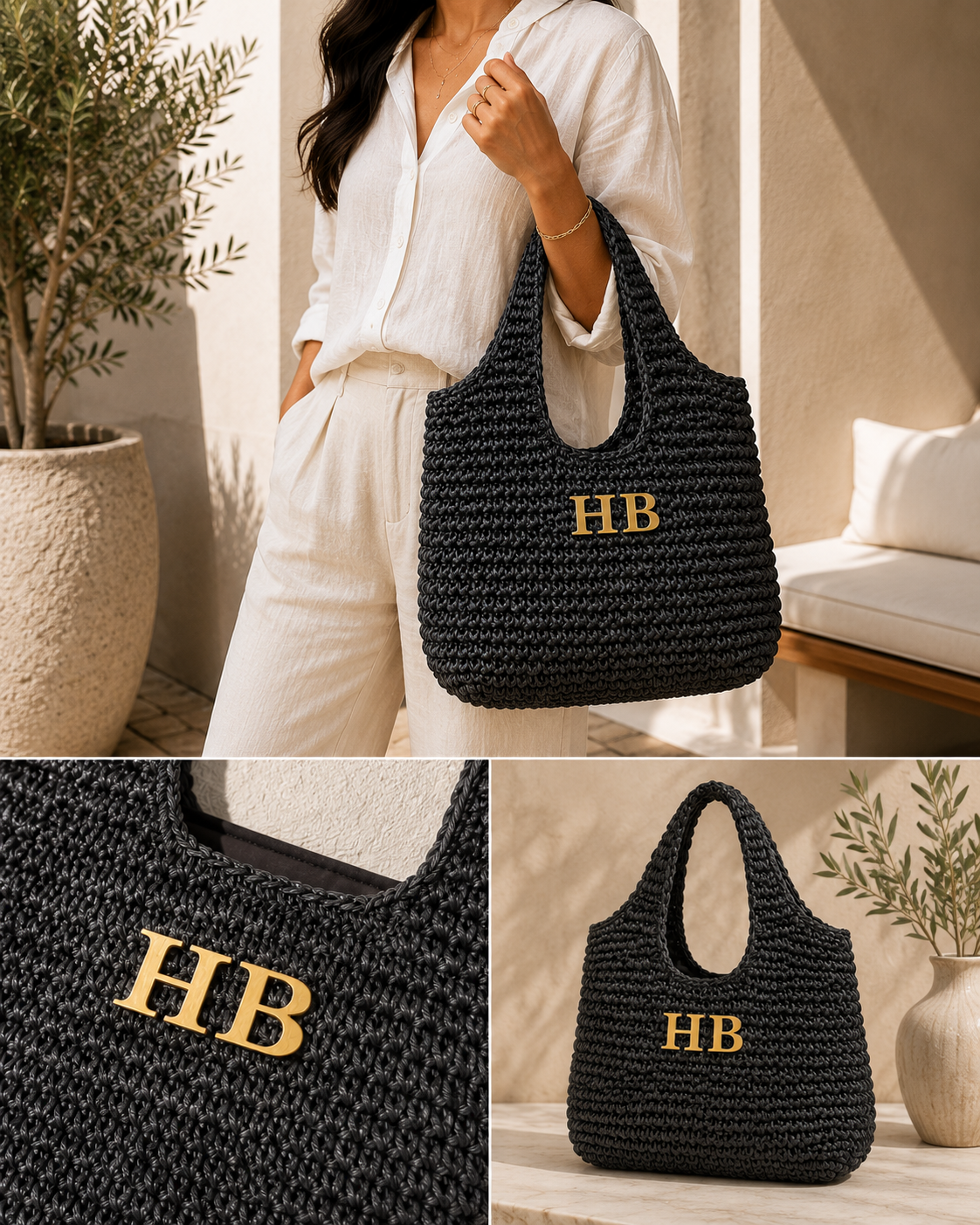 The Raffia Edit | Personalised Black Tote with Gold Initials