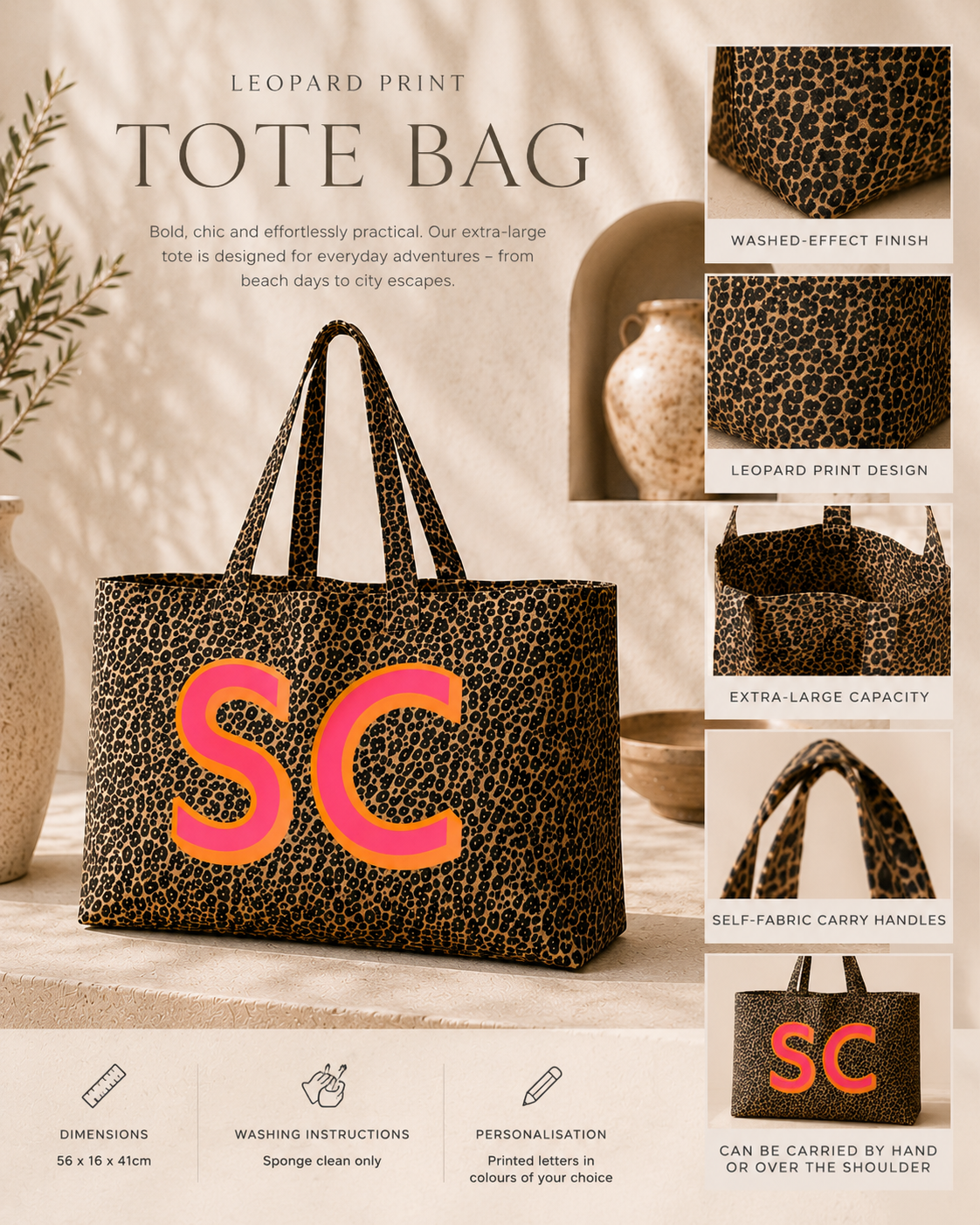 Personalised Leopard Print Oversized Tote Bag