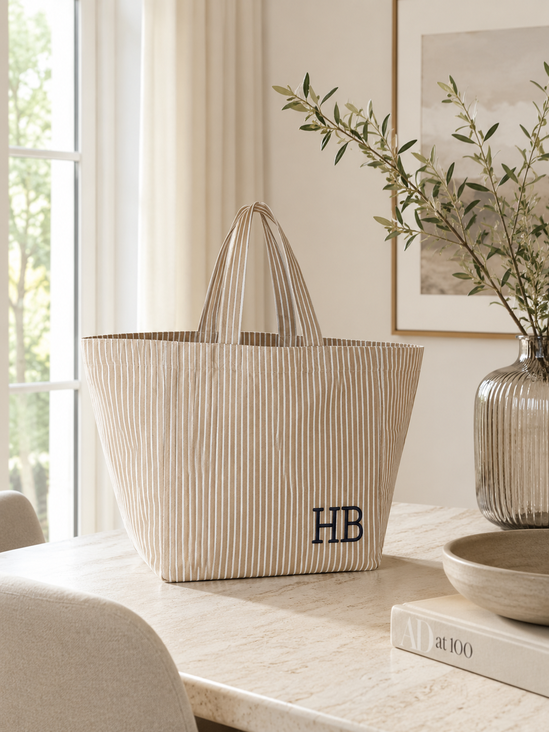 The Classic Edit | Personalised Beige & White Striped Canvas Tote