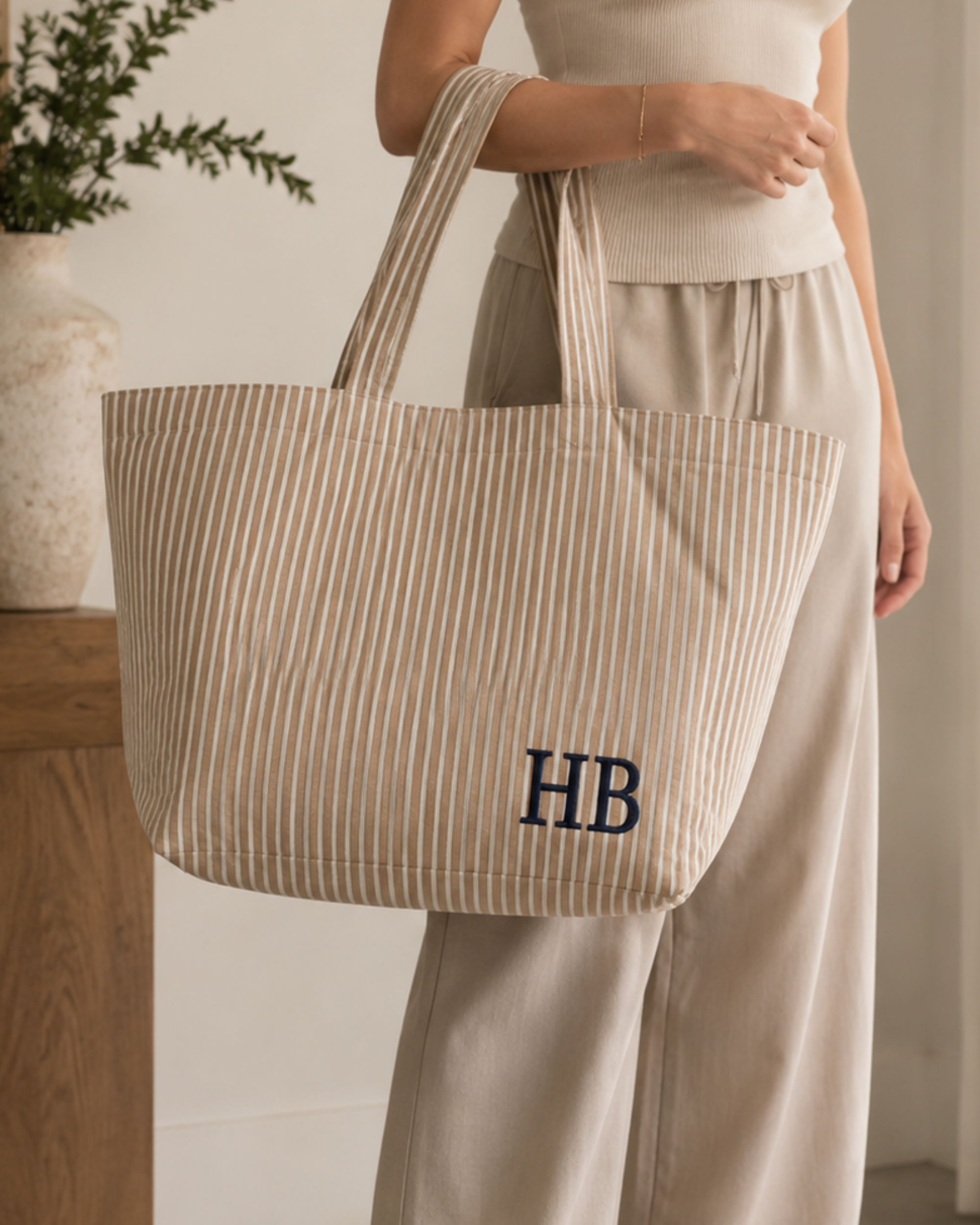 The Classic Edit | Personalised Beige & White Striped Canvas Tote