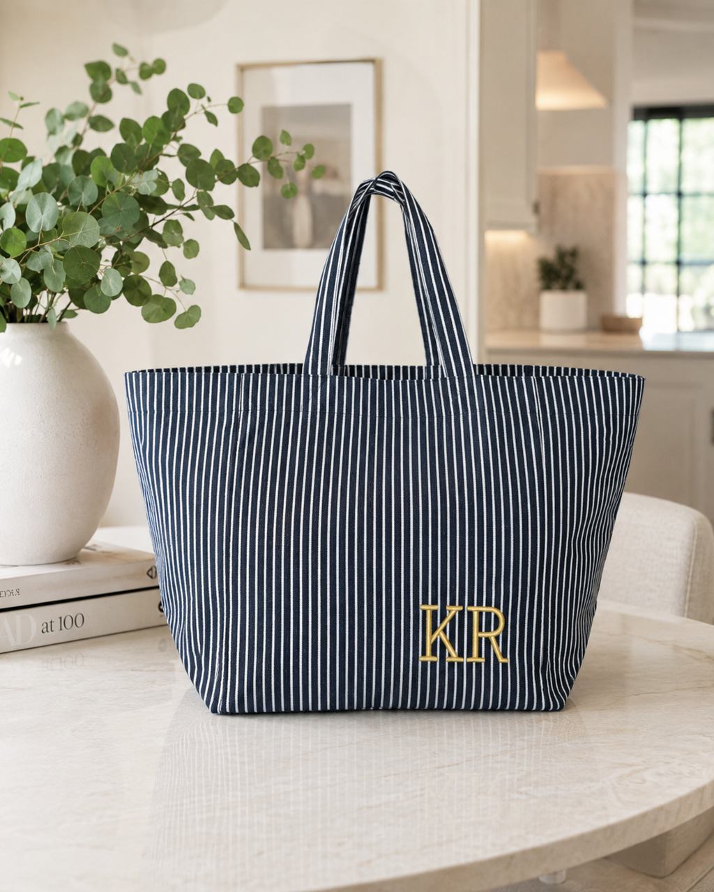 The Stripe Edit | Personalised Navy & White Embroidered Canvas Tote