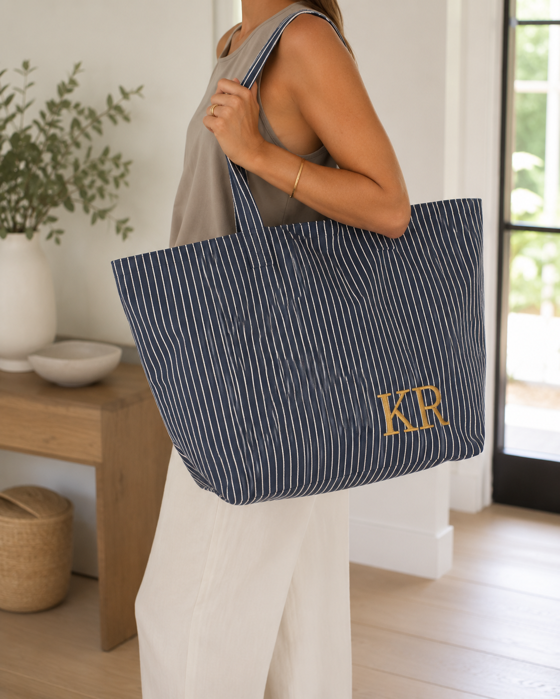The Stripe Edit | Personalised Navy & White Embroidered Canvas Tote