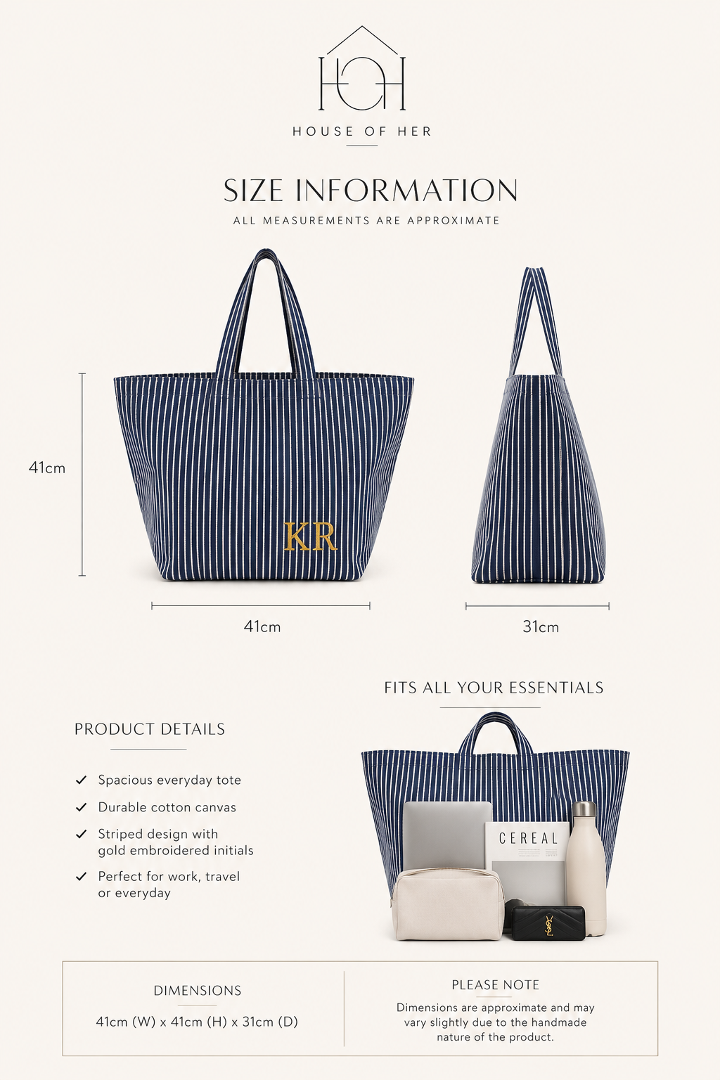 The Stripe Edit | Personalised Navy & White Embroidered Canvas Tote