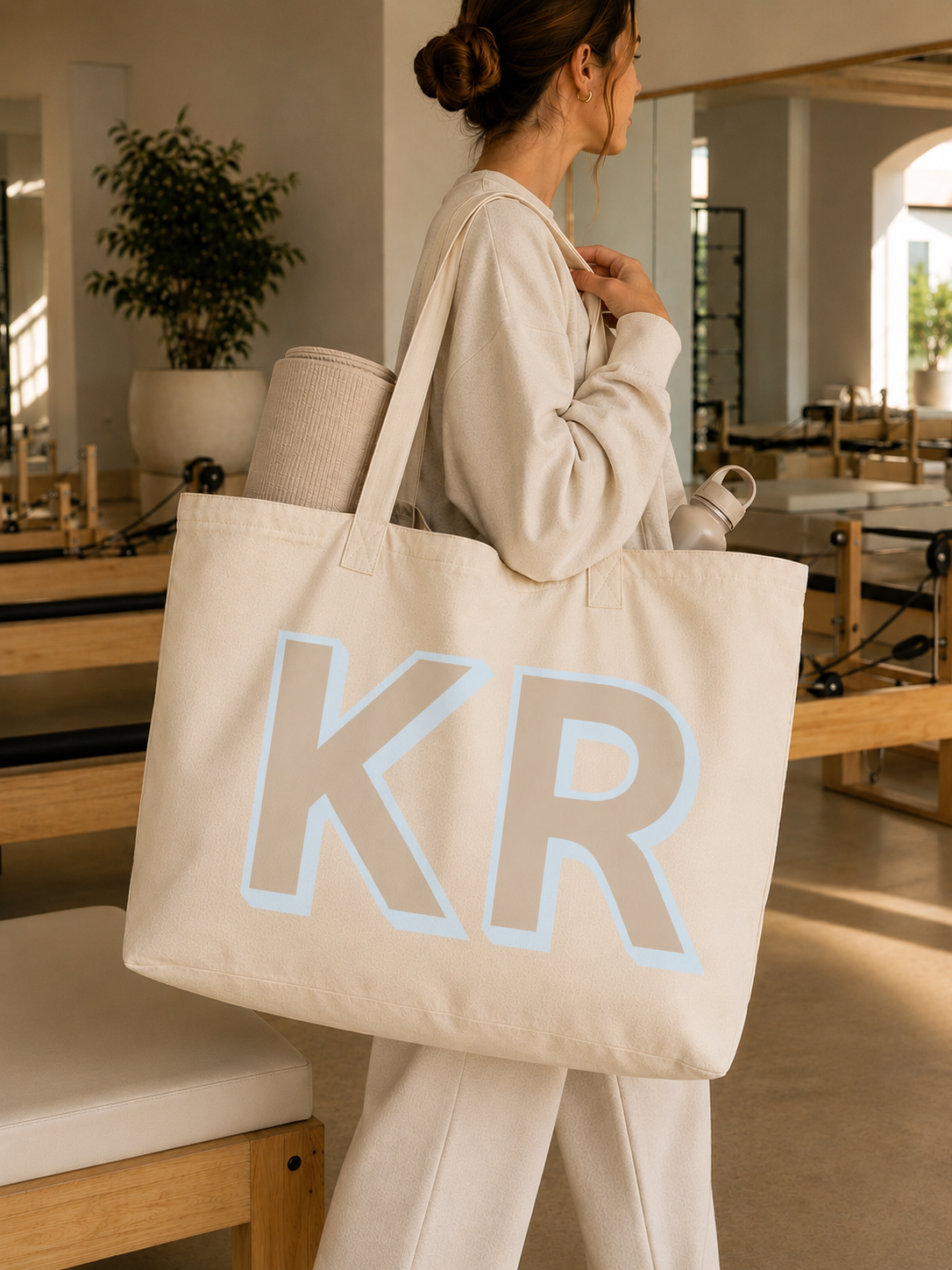 Oversized tote bag with personalised shadow font initials in pastel pink – custom initial tote bag for women – House of Her
