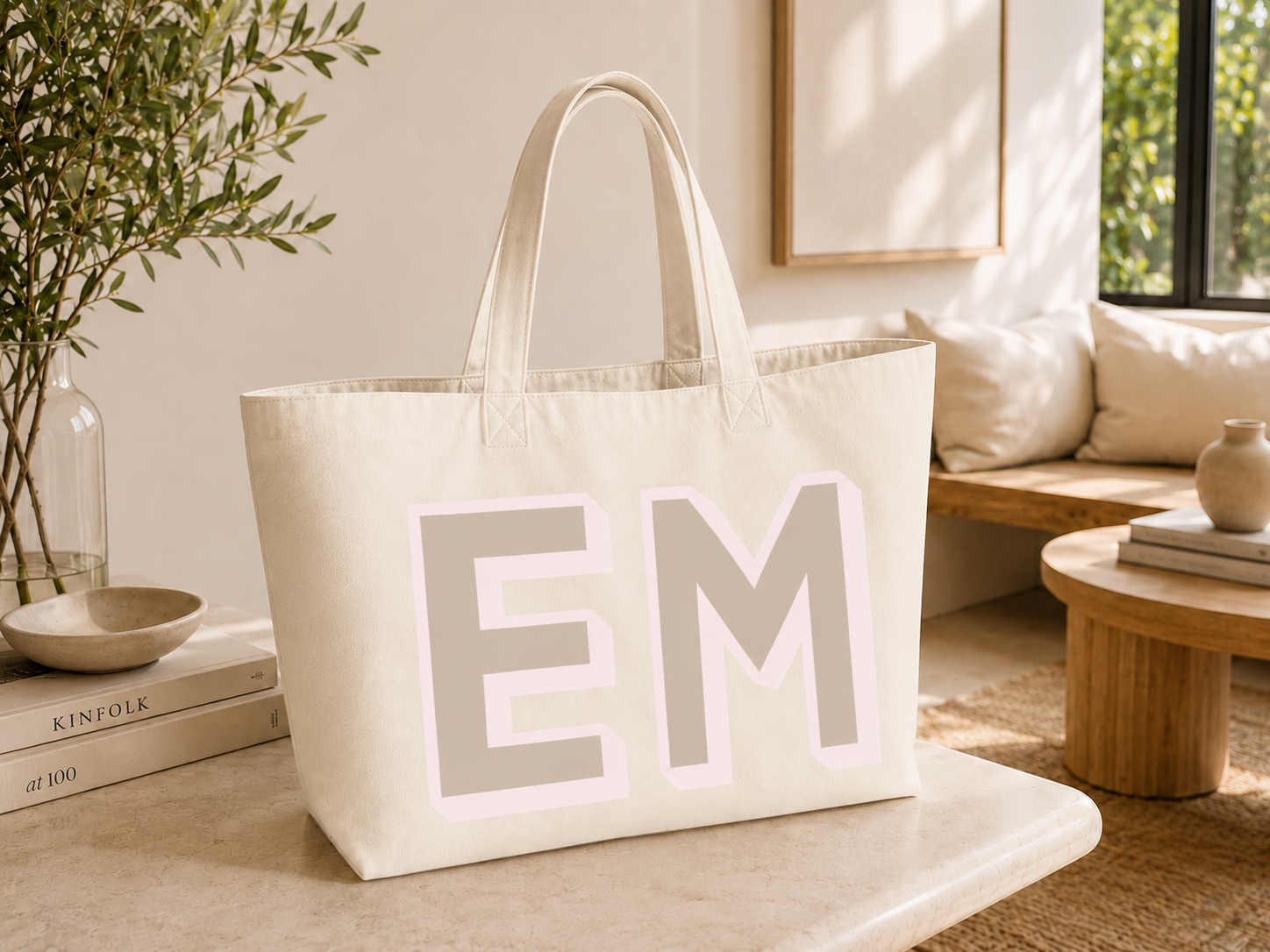 Custom initial oversized tote bag in light blue – personalised gym and pilates bag for women – House of Her

