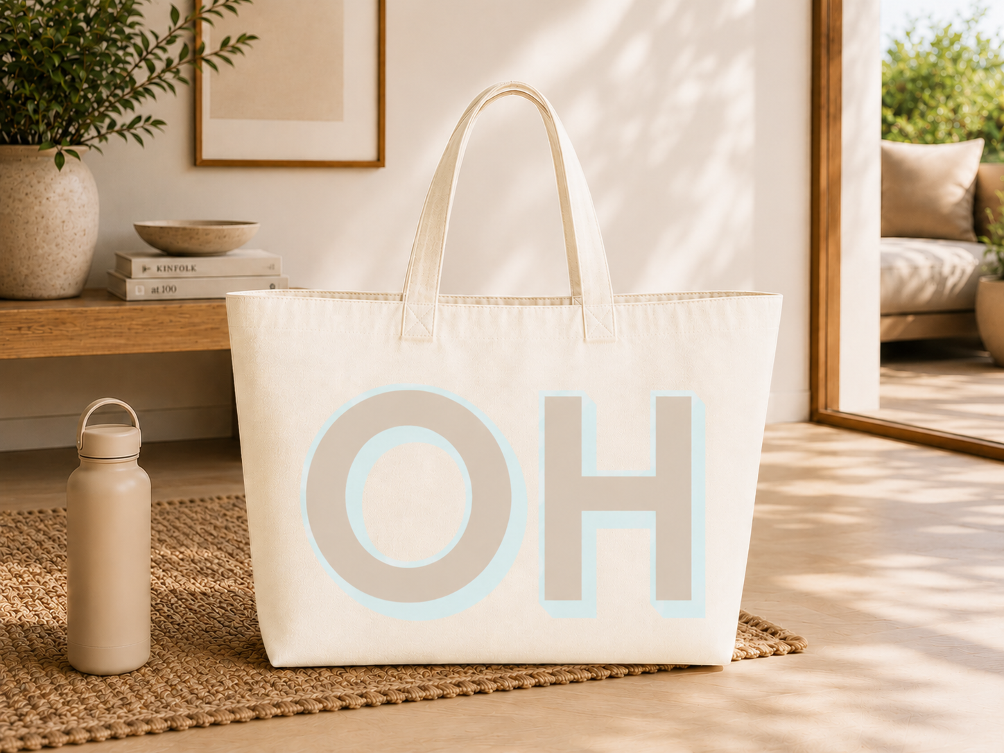 Personalised oversized tote bag detail shot – custom shadow font initials in pastel blue – House of Her OMG Bag
