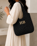 The Raffia Edit | Personalised Black Tote with Gold Initials