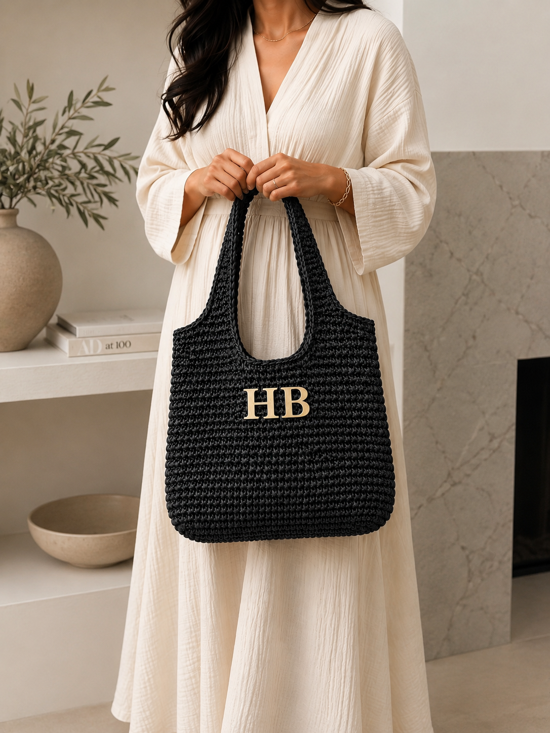 The Raffia Edit | Personalised Black Tote with Gold Initials
