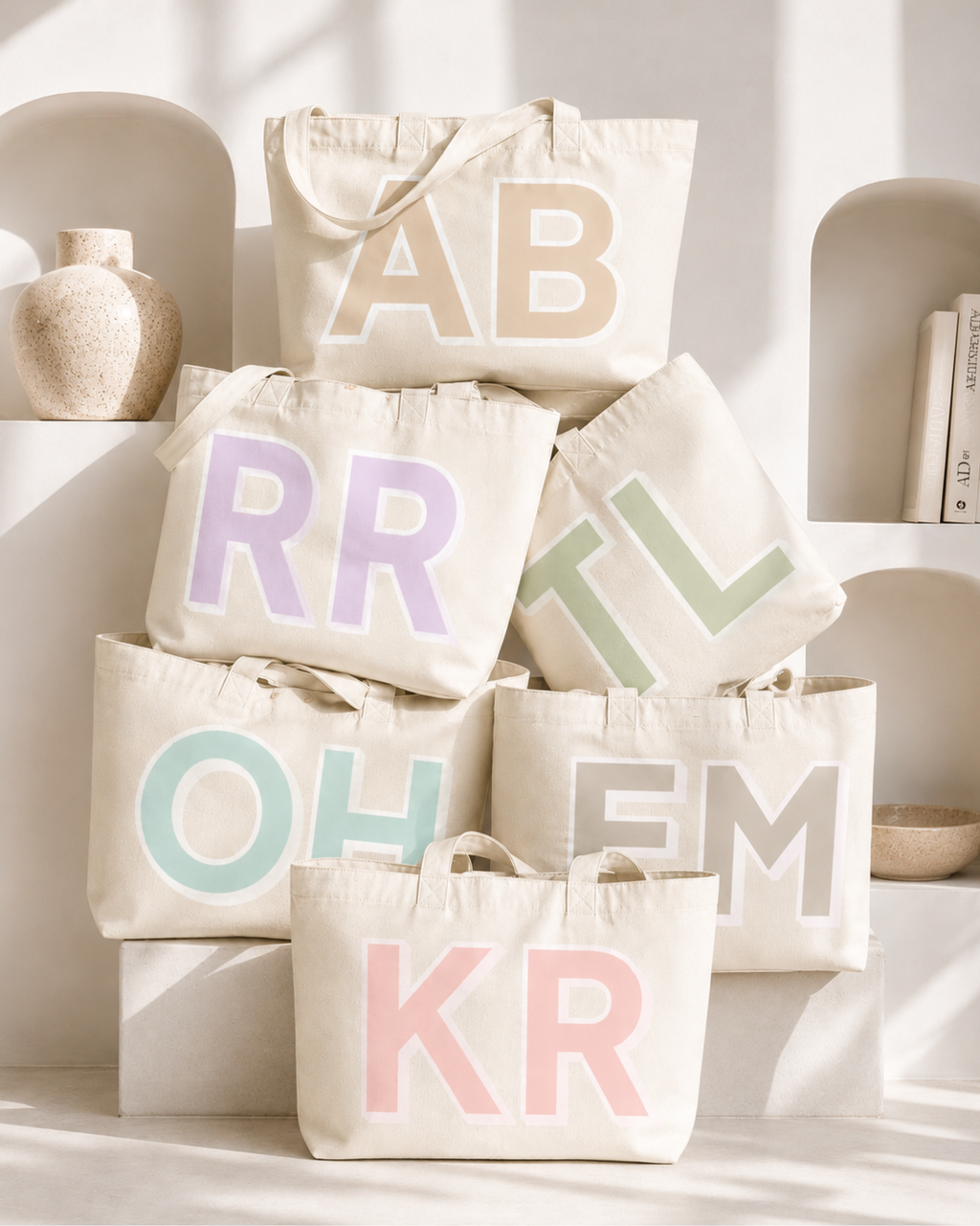 Personalised oversized tote bags stacked in pastel colours with custom shadow font initials – House of Her OMG Bag
