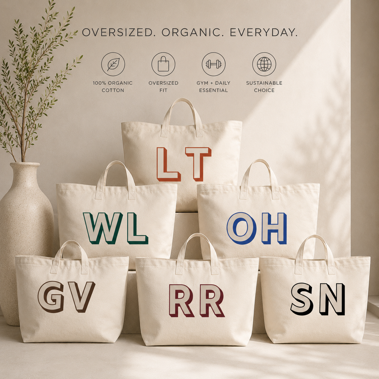 Customised Initials Shadow font Oversized Tote