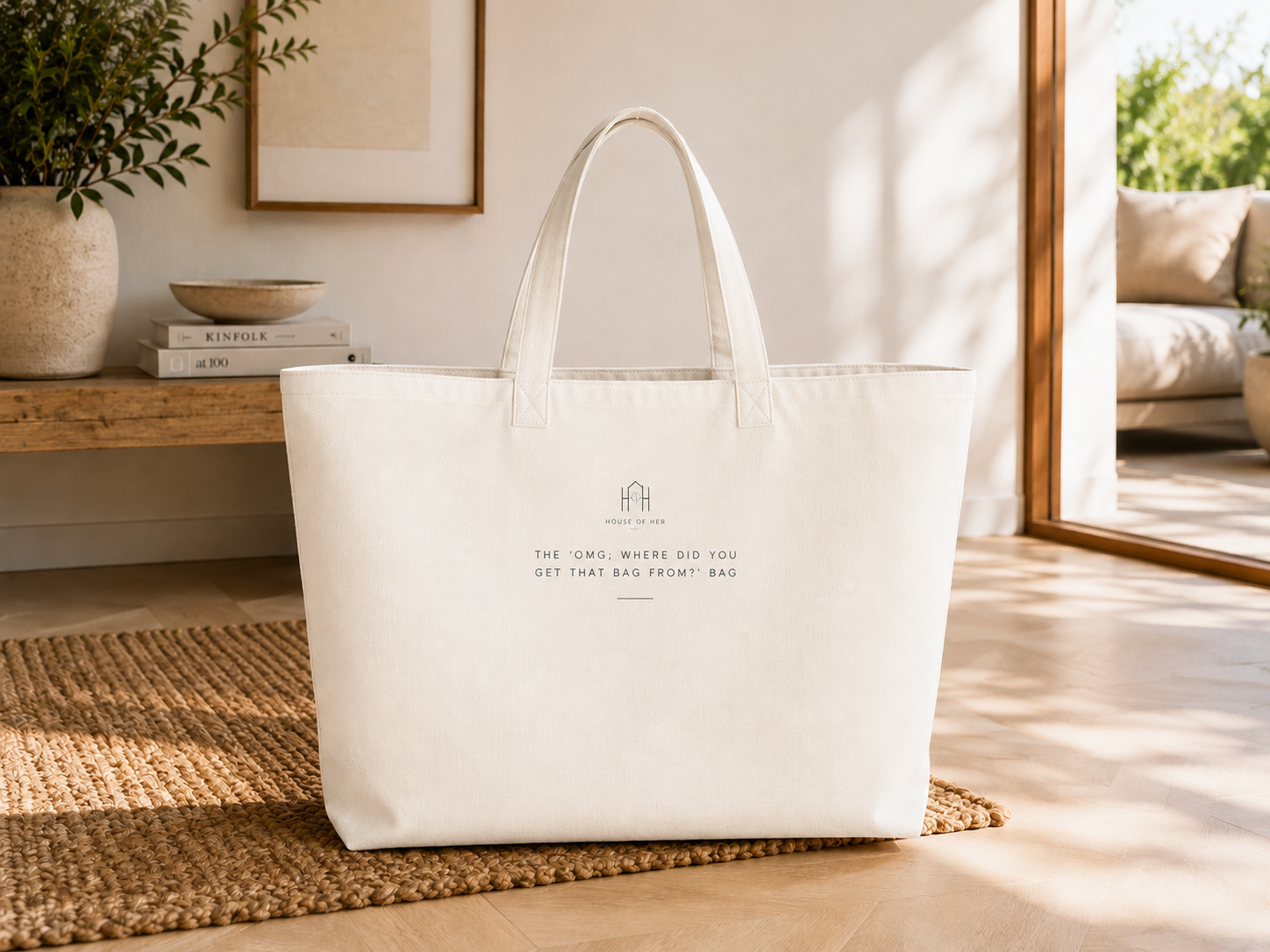 Reverse of the House of Her OMG tote bag showing signature humour quote print – personalised oversized tote
